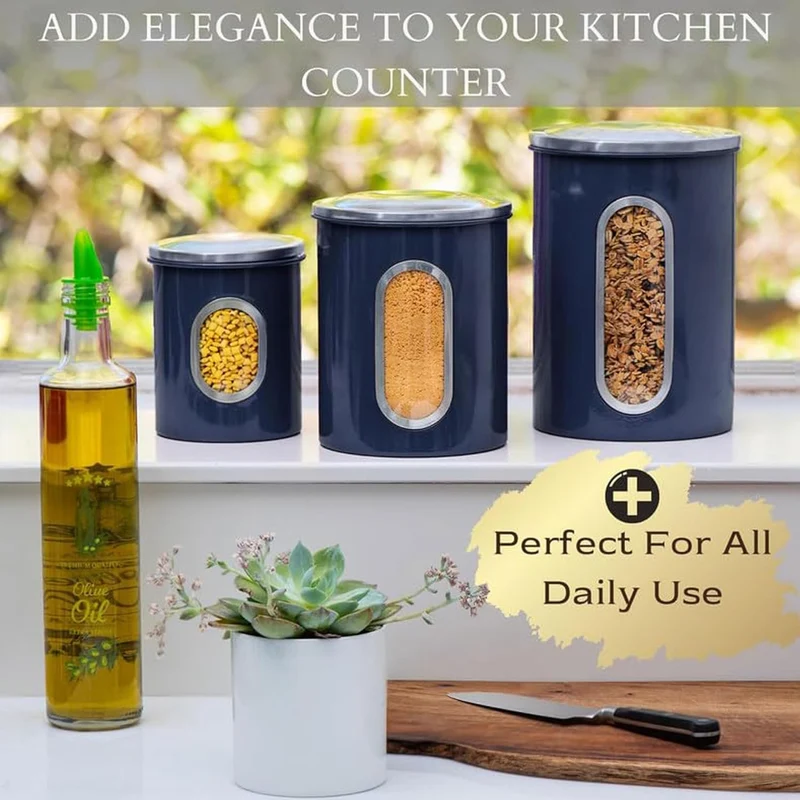 Mixpresso 3-Piece Blue Canisters Sets For The Kitchen, Airtight Canister Set With See Through Window, Storage Jars for Coffee Container, Tea Organizer & Sugar Canister, Blue Kitchen Canisters