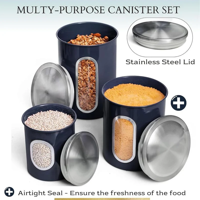 Mixpresso 3-Piece Blue Canisters Sets For The Kitchen, Airtight Canister Set With See Through Window, Storage Jars for Coffee Container, Tea Organizer & Sugar Canister, Blue Kitchen Canisters