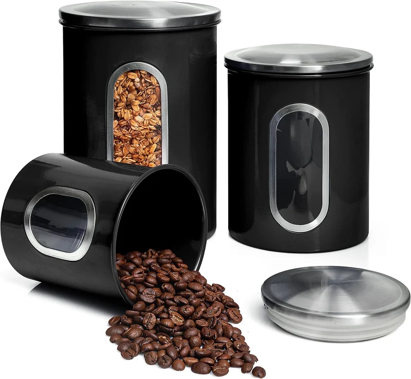 Mixpresso 3-Piece Black Canisters Sets For The Kitchen, Airtight Canister Set With See Through Window, Storage Jars for Coffee Container, Tea Organizer & Sugar Canister, Black Kitchen Canisters