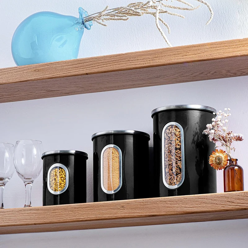 Mixpresso 3-Piece Black Canisters Sets For The Kitchen, Airtight Canister Set With See Through Window, Storage Jars for Coffee Container, Tea Organizer & Sugar Canister, Black Kitchen Canisters
