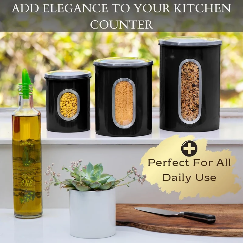 Mixpresso 3-Piece Black Canisters Sets For The Kitchen, Airtight Canister Set With See Through Window, Storage Jars for Coffee Container, Tea Organizer & Sugar Canister, Black Kitchen Canisters
