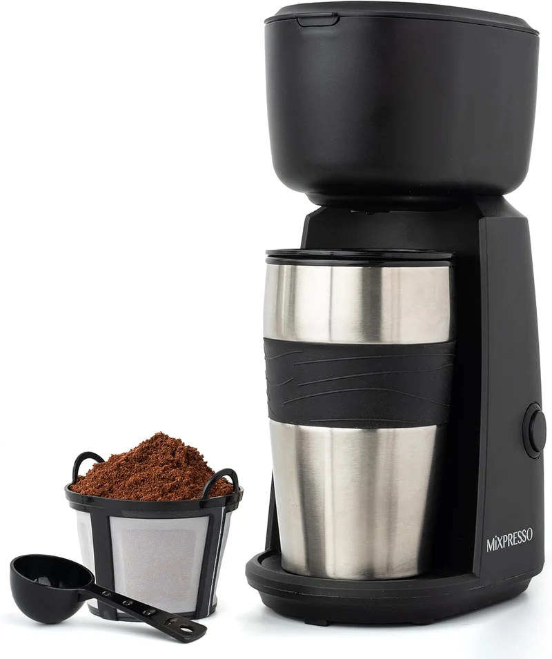Mixpresso Personal Single Serve Coffee Maker & 14oz Travel Mug, Drip Small Coffee Maker & Tumbler, Auto Shut Off & Reusable Filter, Compatible with Coffee Grounds