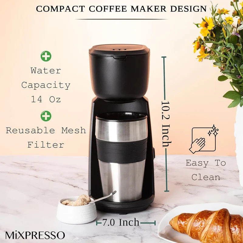 Mixpresso Personal Single Serve Coffee Maker & 14oz Travel Mug, Drip Small Coffee Maker & Tumbler, Auto Shut Off & Reusable Filter, Compatible with Coffee Grounds
