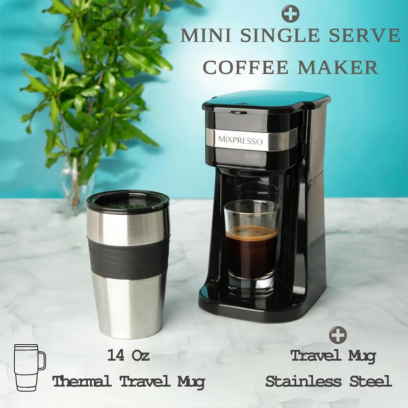 Mixpresso Black Personal Single Serve Coffee Maker with 14oz Travel Mug, Drip Small Coffee Maker with Auto Shut Off, Reusable Filter, Works with Ground Coffee Only – Not for K-Cup Pods