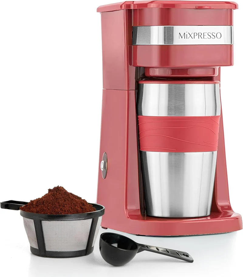 Mixpresso Red Personal Single Serve Coffee Maker with 14oz Travel Mug, Drip Small Coffee Maker with Auto Shut Off, Reusable Filter, Works with Ground Coffee Only – Not for K-Cup Pods