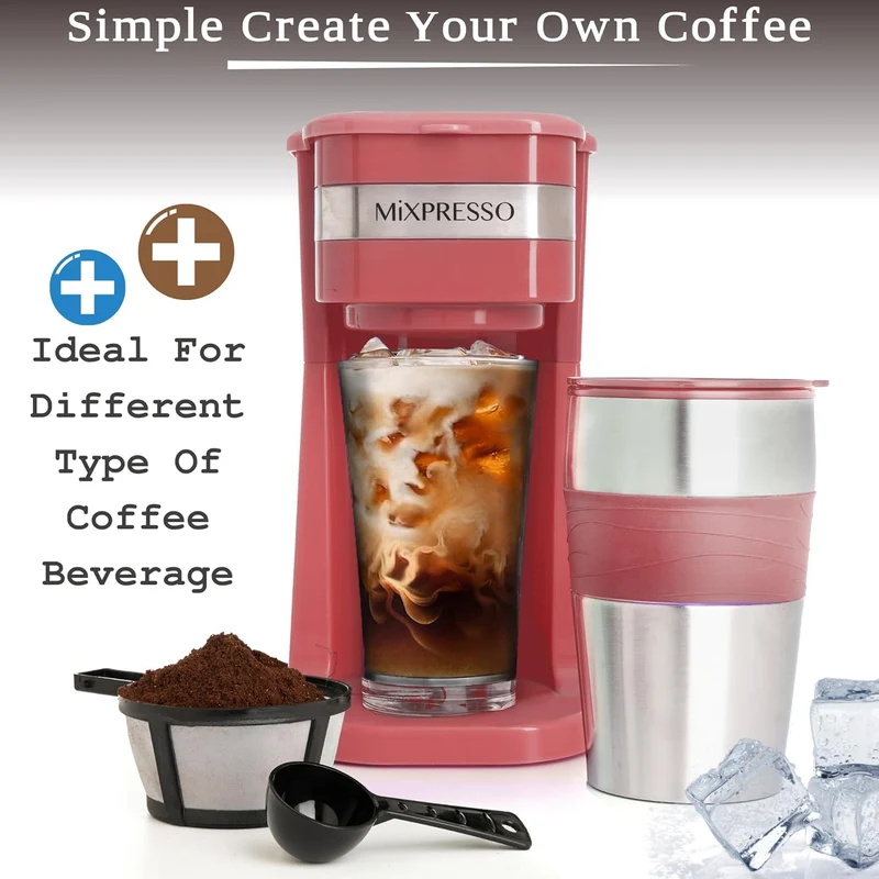 Mixpresso Red Personal Single Serve Coffee Maker with 14oz Travel Mug, Drip Small Coffee Maker with Auto Shut Off, Reusable Filter, Works with Ground Coffee Only – Not for K-Cup Pods