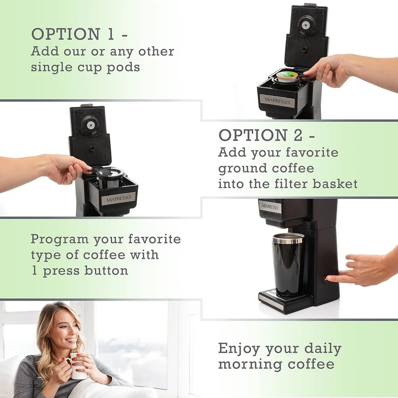 Mixpresso Coffee Maker Single Serve For Ground Coffee & Compatible With K Cup Pods, With 14oz Travel Mug & Reusable Filter For Home, Office & Camping.