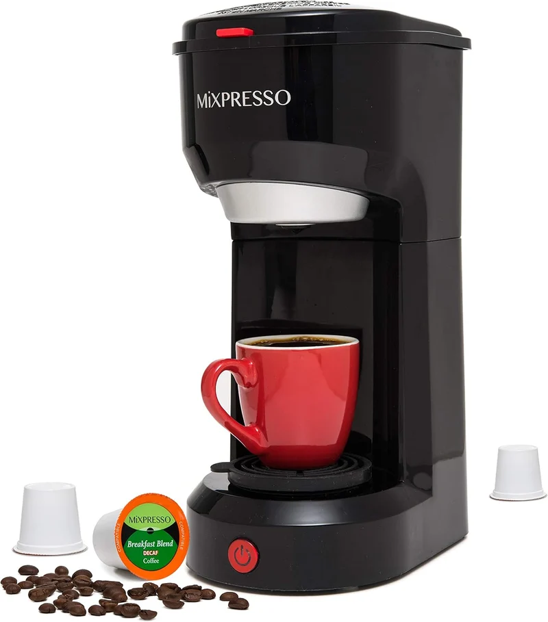 Mixpresso 2-in-1 Coffee Maker – Single Serve & Ground Coffee Brewer, Compact Personal Coffee Machine for Pods & Loose Grounds, Quick Brew 14 oz Portable Small Coffee Maker, Black