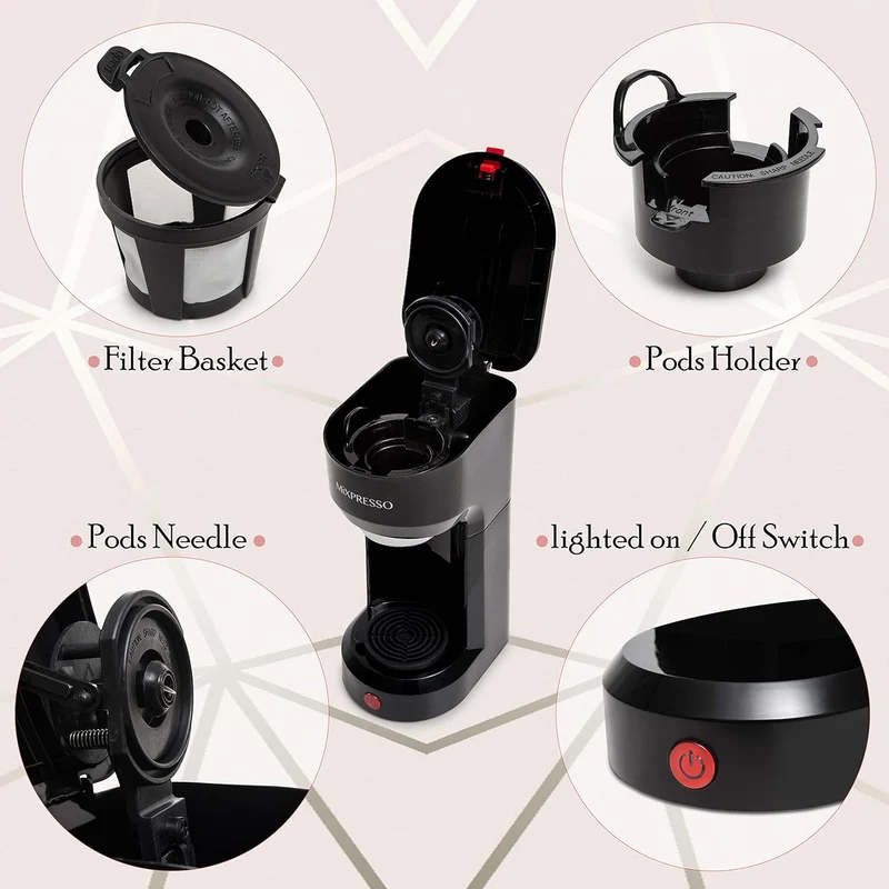 Mixpresso 2-in-1 Coffee Maker – Single Serve & Ground Coffee Brewer, Compact Personal Coffee Machine for Pods & Loose Grounds, Quick Brew 14 oz Portable Small Coffee Maker, Black