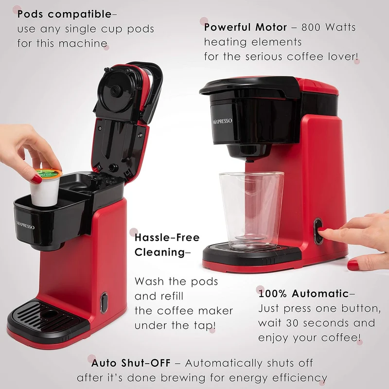 Mixpresso Single Cup Coffee Maker, Personal Single Serve Coffee Brewer Machine, Compatible with Single-Cups, Quick Brew Technology, One Touch Function Red Coffee Maker, 12oz One Cup Coffee Maker