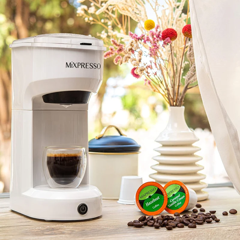Mixpresso 2 in 1 Brewer Single Serve Coffee Maker for K Capsule and Ground Coffee, Single Cup Coffee Machine, Compact Size Mini Coffee Maker Quick Brew Technology 14oz White One Cup Coffee Brewer