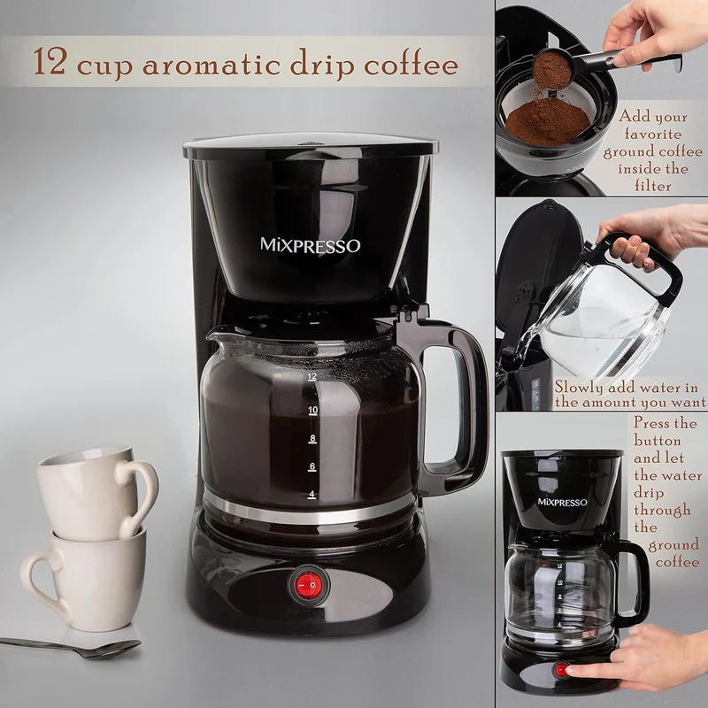 Mixpresso 12 Cup Coffee Pot, Auto-Off & Reusable Filter, Large Drip Coffee Maker 12 Cup Borosilicate Glass Carafe, Anti-Drip Coffee Machine Water Level Window, Black Electric Coffee Maker