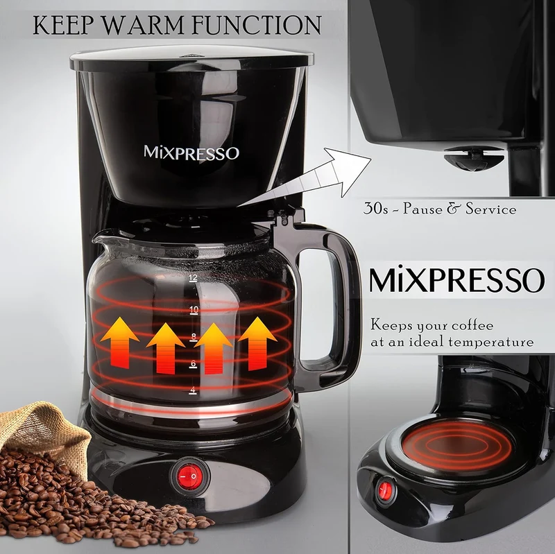 Mixpresso 12 Cup Coffee Pot, Auto-Off & Reusable Filter, Large Drip Coffee Maker 12 Cup Borosilicate Glass Carafe, Anti-Drip Coffee Machine Water Level Window, Black Electric Coffee Maker