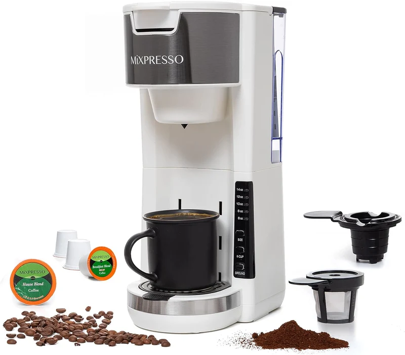 Mixpresso White Single Serve Coffee Brewer K-Cup Pods Compatible & Ground, 30 oz Compact Coffee Maker Single Serve With 5 Brew Sizes Up To 14 Oz, Fits Travel Mug, Adjustable Drip Tray