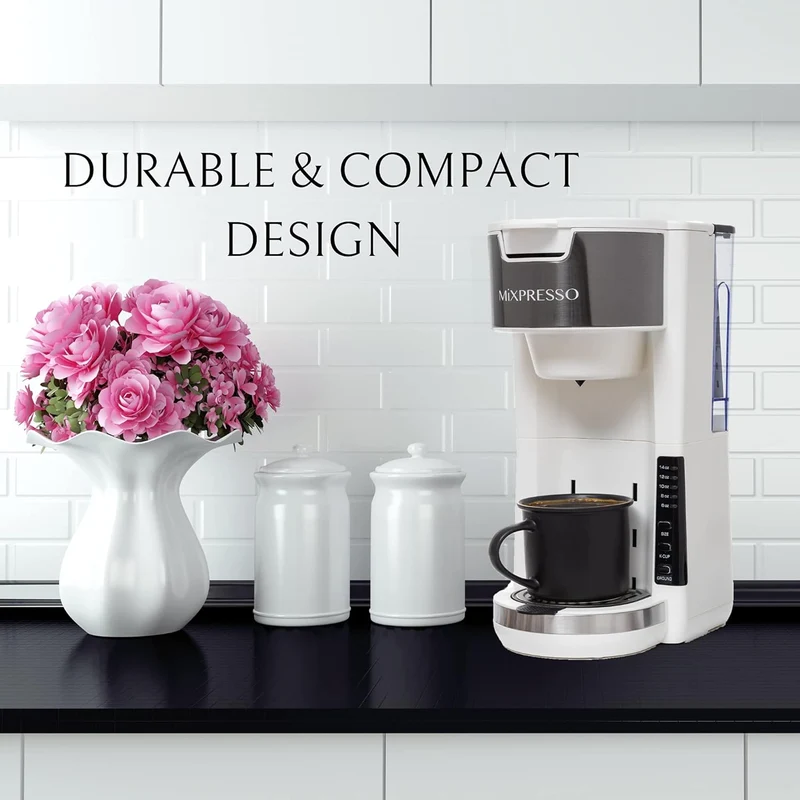 Mixpresso White Single Serve Coffee Brewer K-Cup Pods Compatible & Ground, 30 oz Compact Coffee Maker Single Serve With 5 Brew Sizes Up To 14 Oz, Fits Travel Mug, Adjustable Drip Tray