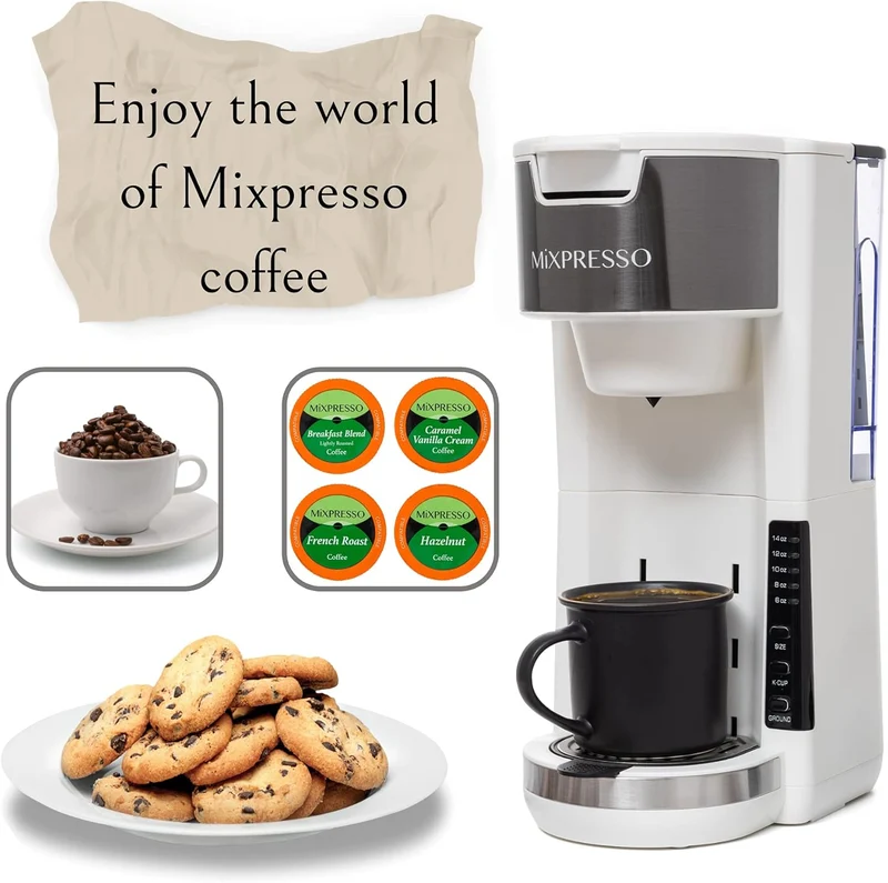 Mixpresso White Single Serve Coffee Brewer K-Cup Pods Compatible & Ground, 30 oz Compact Coffee Maker Single Serve With 5 Brew Sizes Up To 14 Oz, Fits Travel Mug, Adjustable Drip Tray