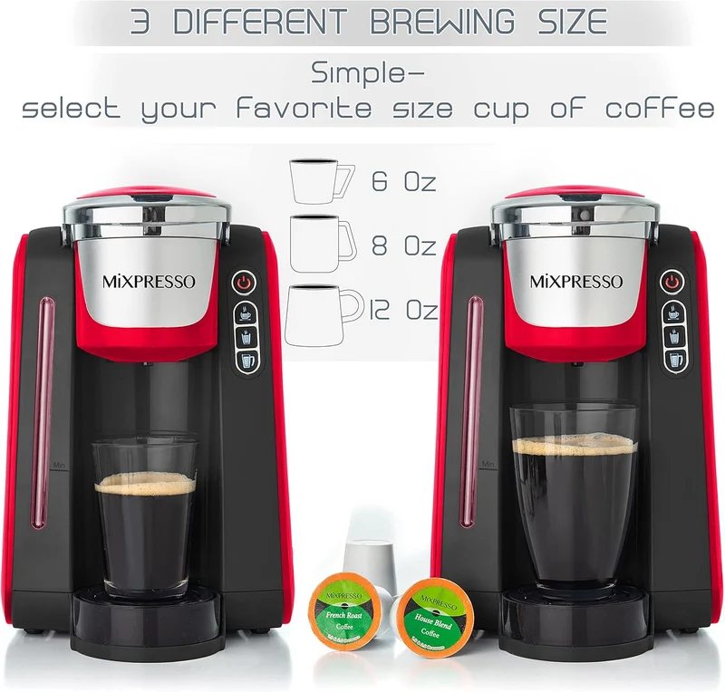 Mixpresso Single Cup Coffee Maker Compatible With 1.0 & 2.0 Single Cup Pods, Removable 45oz Water Tank, Quick Brewing with Auto Shut-Off, One Touch Function (Red/Black)