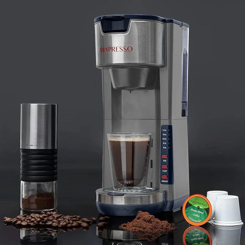 Mixpresso Gray Single Serve Coffee Brewer K-Cup Pods Compatible & Ground, 30 oz Compact Coffee Maker Single Serve With 5 Brew Sizes Up To 14 Oz, Fits Travel Mug, Adjustable Drip Tray