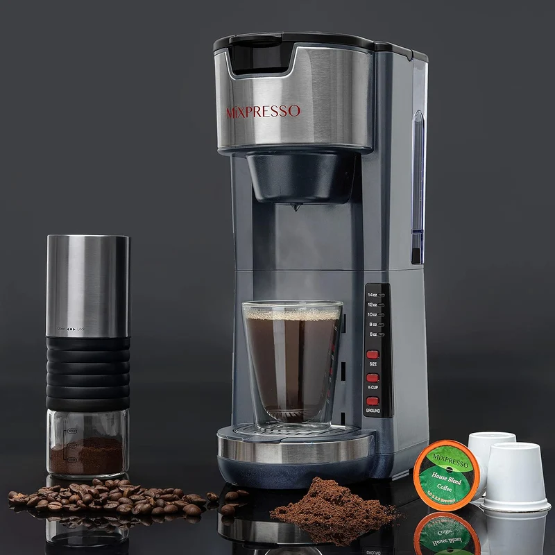 Mixpresso Gray Single Serve Coffee Brewer K-Cup Pods Compatible & Ground, 30 oz Compact Coffee Maker Single Serve With 5 Brew Sizes Up To 14 Oz, Fits Travel Mug, Adjustable Drip Tray