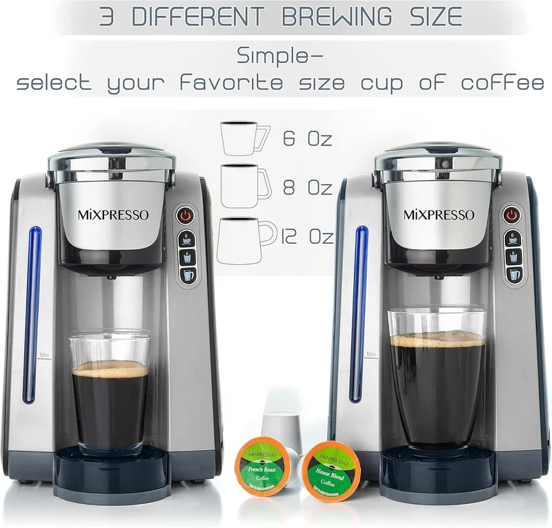 Mixpresso Single Serve Coffee Brewer K-Cup Pods Compatible & Ground coffee, Single Serve K-Cup Coffee Maker With 4 Brew Sizes 45oz, Quick Brewing with Auto Shut-Off, Rapid Brew Technology