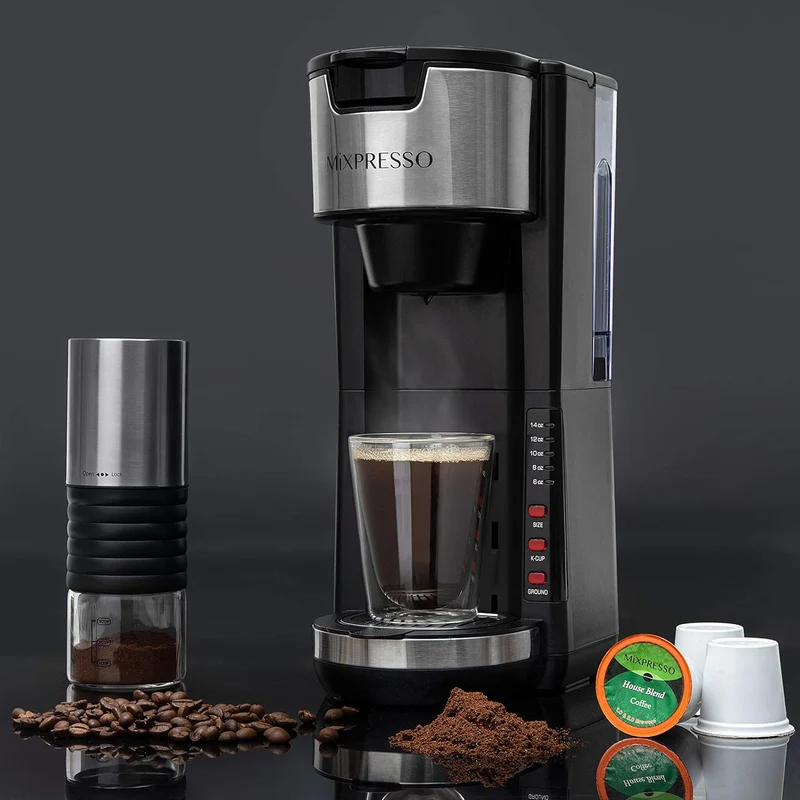 Mixpresso Black Single Serve Coffee Brewer K-Cup Pods Compatible & Ground, 30 oz Compact Coffee Maker Single Serve With 5 Brew Sizes Up To 14 Oz, Fits Travel Mug, Adjustable Drip Tray