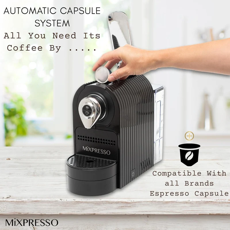 Mixpresso Black Espresso Coffee Machine – Compact 1400W Single Serve Coffee Maker Compatible with Nespresso OriginalLine Capsules, One-Touch Operation, 19-Bar Italian Pump, 27oz Water Tank
