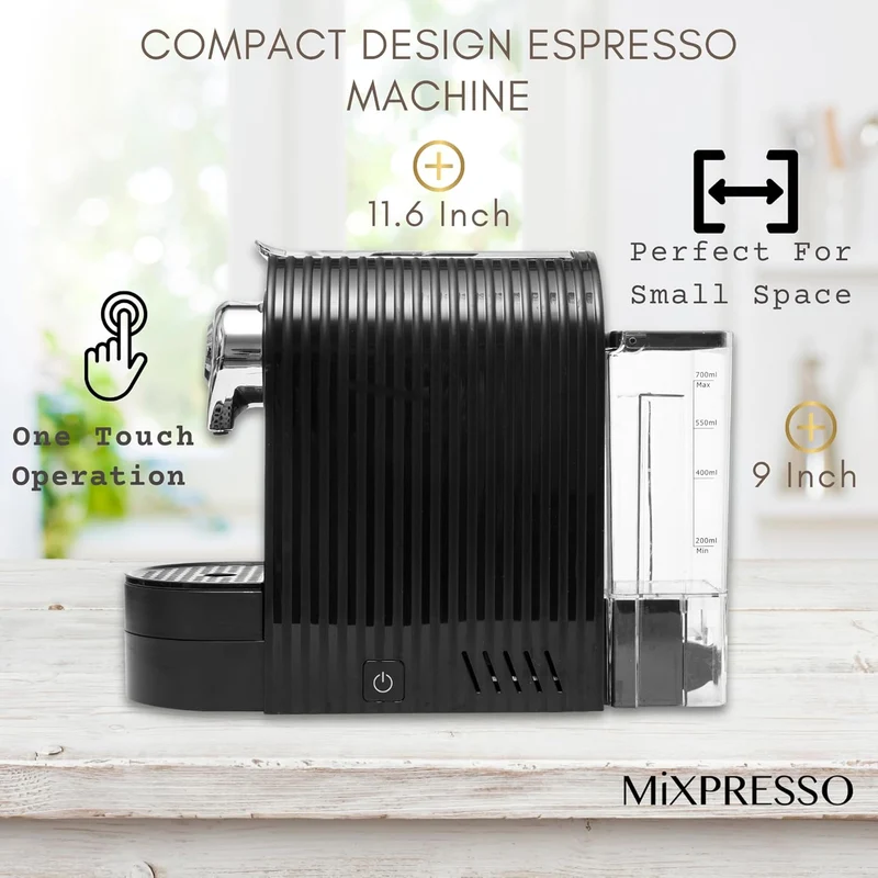 Mixpresso Black Espresso Coffee Machine – Compact 1400W Single Serve Coffee Maker Compatible with Nespresso OriginalLine Capsules, One-Touch Operation, 19-Bar Italian Pump, 27oz Water Tank