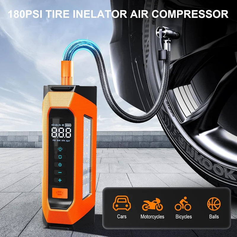 Car Jump Starter with Air Compressor 6000A, 800 Lumen LED Light and 180PSI Portable Battery Jump Box (9L Gas or 8L Diesel),12V Auto Tire Inflator Jumper Starter Combo with LCD Display (Orange)