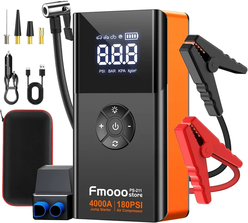 Portable Car Jump Starter with Air Compressor, 4000A 180PSI Car Battery Jump Starter Battery Pack (10L Gas/8L Diesel), 12V Car Jump Box Car Battery Jumper Starter, Large LCD Display,2 Lights (Orange)