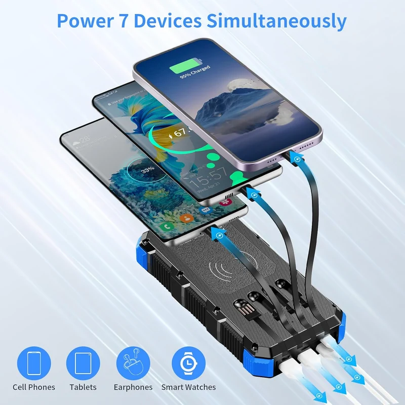 Solar Charger Power Bank 49800mAh Wireless Charger QC 3.0 Fast Charging Power Bank 8 Outputs 4 Inputs Solar Portable Charger Compatible with All Mobile Devices,SOS/Strobe/Strong Flashlights (Blue)
