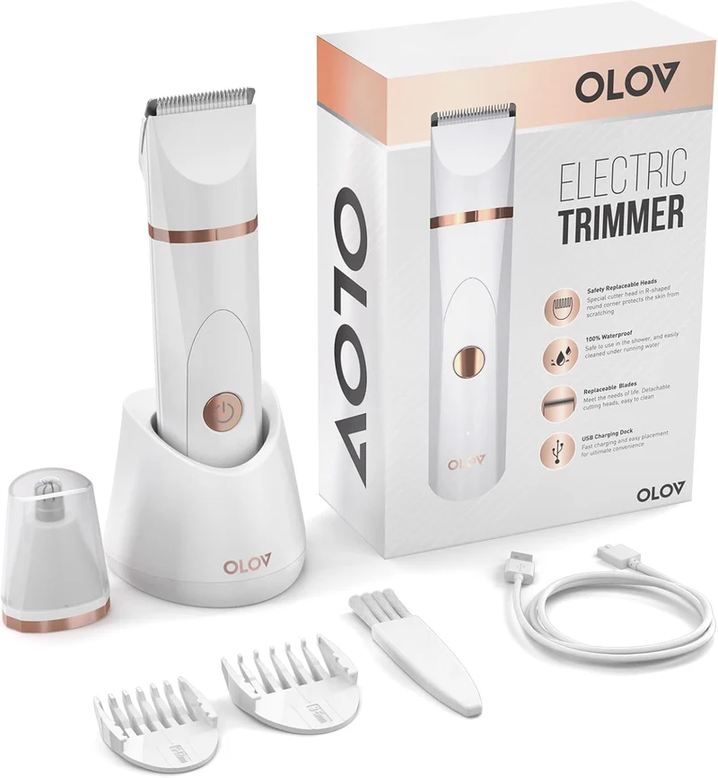 OLOV Electric Body Hair Trimmer - Groin Trimmer for Men - Bikini Trimmer Women - Wet/Dry Shaver Groomer, Replaceable Ceramic Blade Heads, USB Recharge Dock, Waterproof Hygiene Razor, White