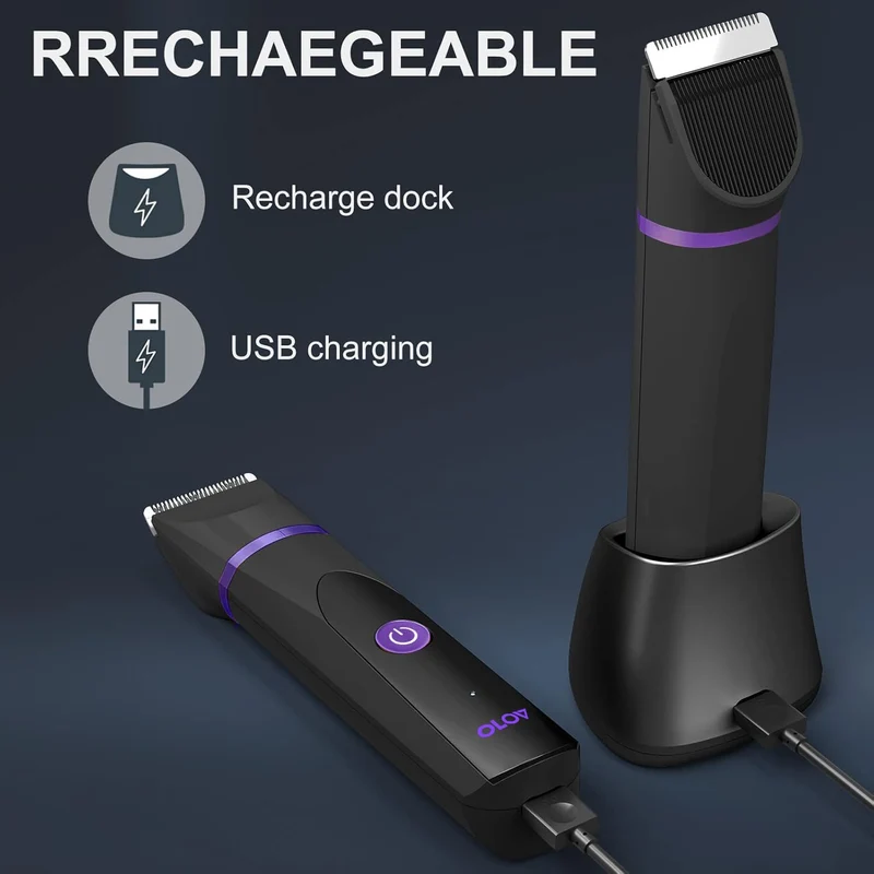 OLOV Electric Body Hair Trimmer - Groin Trimmer for Men - Bikini Trimmer Women - Wet/Dry Shaver Groomer, Replaceable Ceramic Blade Heads, USB Recharge Dock, Waterproof Hygiene Razor, Black Violet