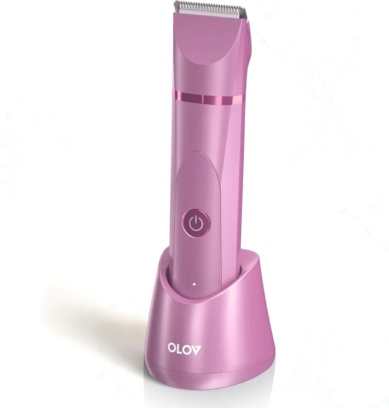 OLOV Electric Body Hair Trimmer - Groin Trimmer for Men - Bikini Trimmer Women - Wet/Dry Shaver Groomer, Replaceable Ceramic Blade Heads, USB Recharge Dock, Waterproof Hygiene Razor, Pink
