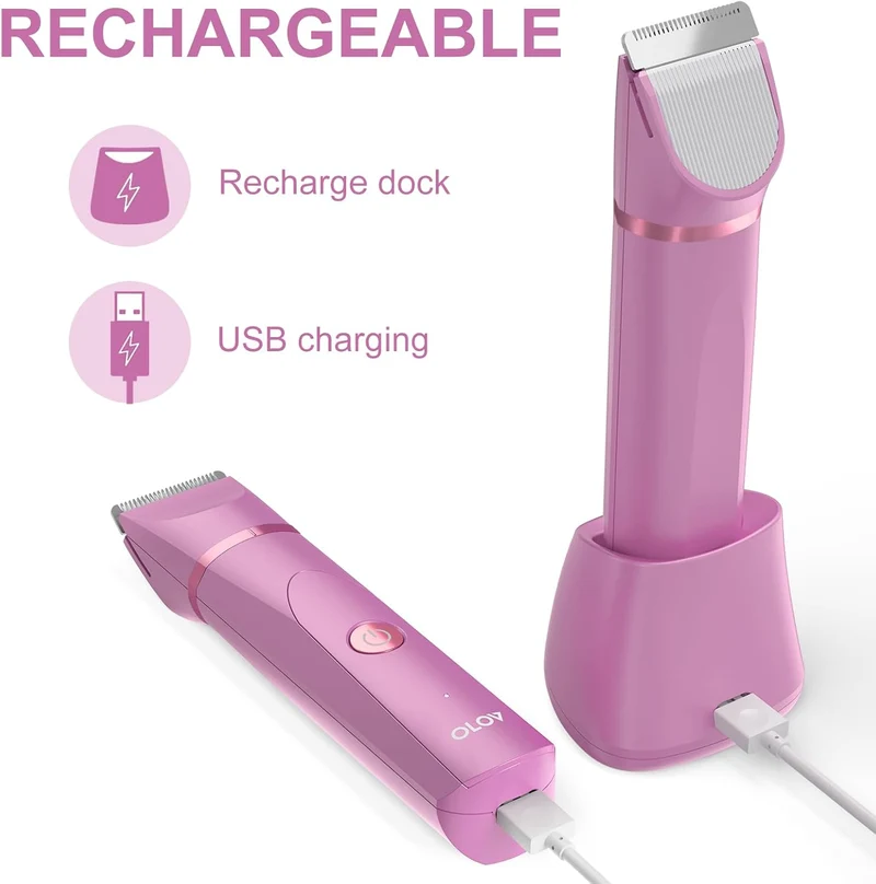 OLOV Electric Body Hair Trimmer - Groin Trimmer for Men - Bikini Trimmer Women - Wet/Dry Shaver Groomer, Replaceable Ceramic Blade Heads, USB Recharge Dock, Waterproof Hygiene Razor, Pink