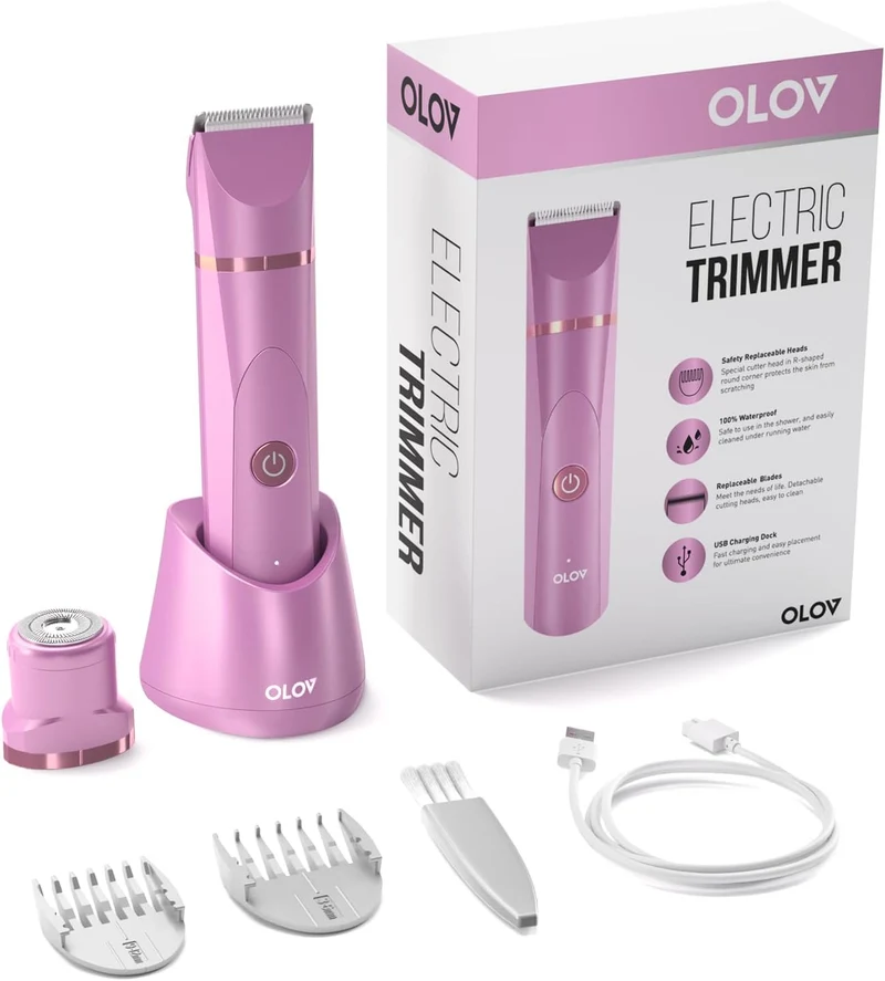 OLOV Electric Body Hair Trimmer - Groin Trimmer for Men - Bikini Trimmer Women - Wet/Dry Shaver Groomer, Replaceable Ceramic Blade Heads, USB Recharge Dock, Waterproof Hygiene Razor, Pink