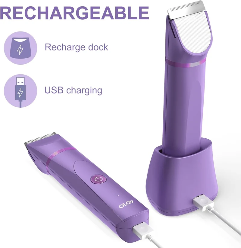 OLOV Electric Body Hair Trimmer - Groin Trimmer for Men - Bikini Trimmer Women - Wet/Dry Shaver Groomer, Replaceable Ceramic Blade Heads, USB Recharge Dock, Waterproof Hygiene Razor, Bright Purple