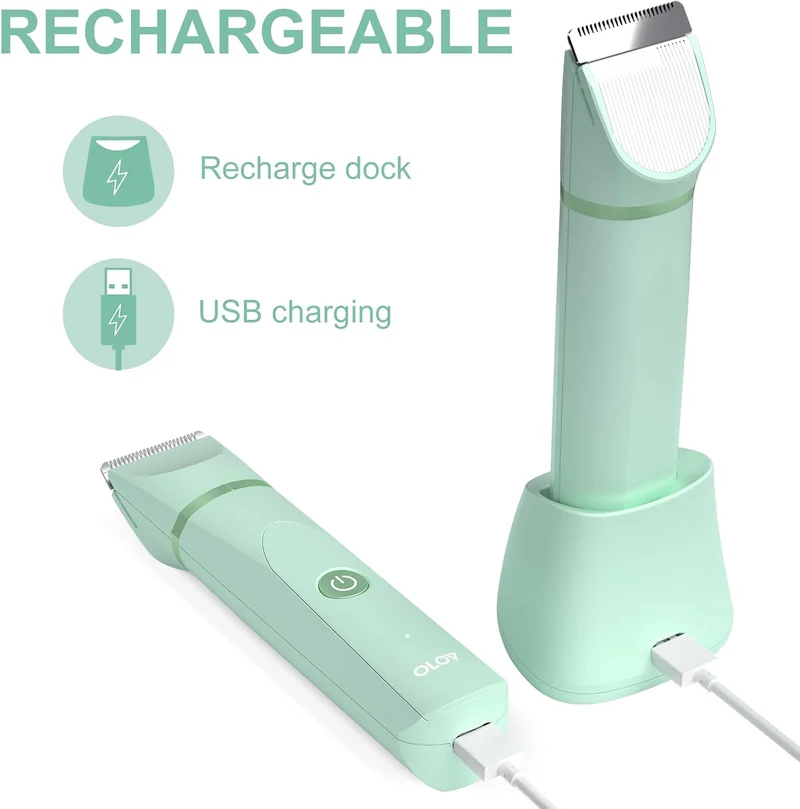 OLOV Electric Body Hair Trimmer - Groin Trimmer for Men - Bikini Trimmer Women - Wet/Dry Shaver Groomer, Replaceable Ceramic Blade Heads, USB Recharge Dock, Waterproof Hygiene Razor, Green