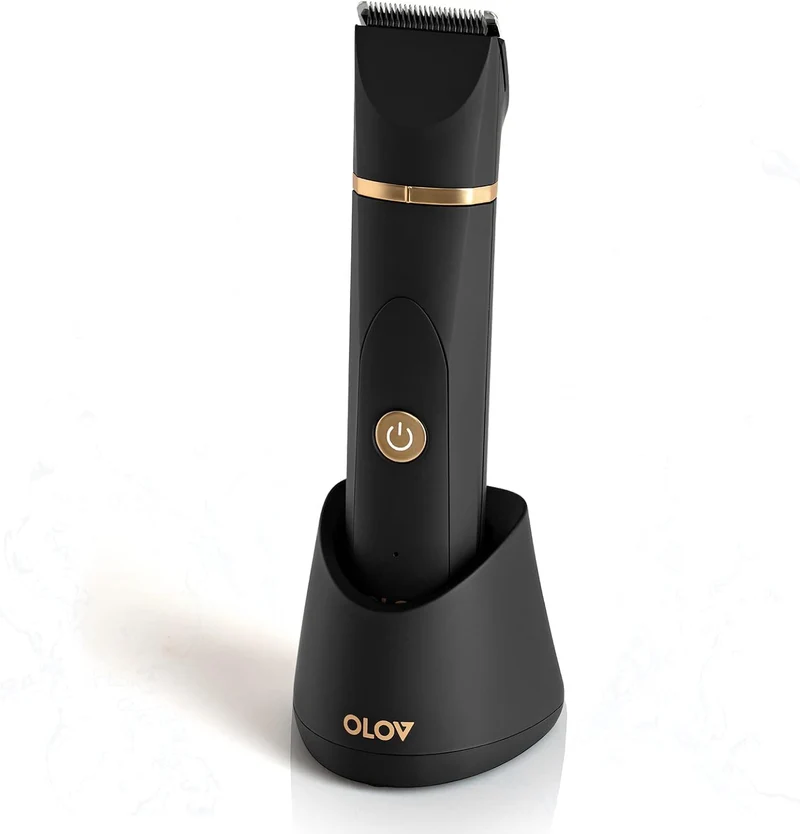 OLOV Electric Body Hair Trimmer - Groin Trimmer for Men - Bikini Trimmer Women - Wet/Dry Shaver Groomer, Replaceable Ceramic Blade Heads, USB Recharge Dock, Waterproof Hygiene Razor,Black