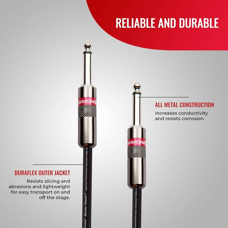 Monster Prolink Classic Instrument Guitar Cable - 3 ft Straight-to-Straight Instrument Cable. All Metal & Duraflex Outer Jacket. 90% Copper Braided Shield Monster Instrument Cable