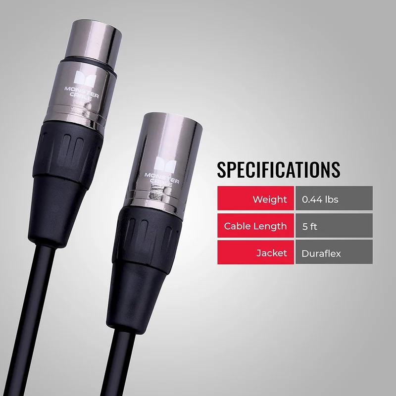 Monster Prolink Classic Microphone Cable. 5 feet Silver Contact XLR Cables. Mic Cable w/MultiTwist Construction. 95% Copper Braided Shield Cable.
