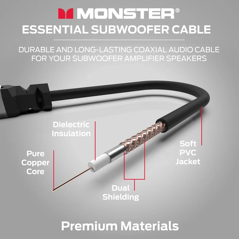 Monster Essentials Premium Subwoofer Cable Connector for Home Theaters and Cars, RCA Subwoofer Audio Cable, 13.1ft