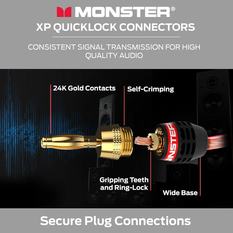 Monster XP QuickLock Self-Crimping Banana Plugs for Speaker Wire with 24K Gold Contacts - 2 Pair (4 Total), Ideal for Home Theatre & Home Audio Speakers