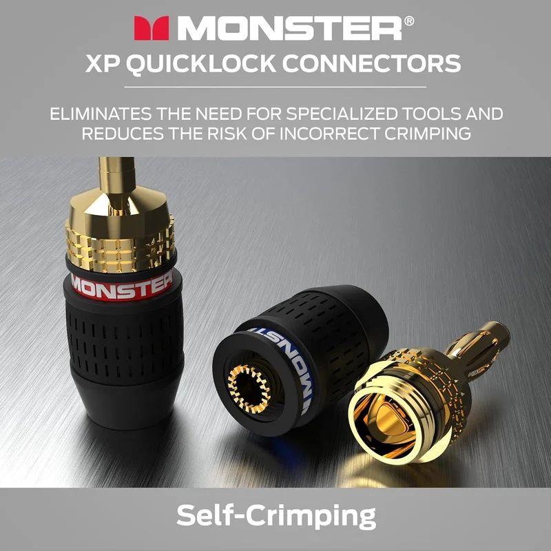 Monster XP QuickLock Self-Crimping Banana Plugs for Speaker Wire with 24K Gold Contacts - 2 Pair (4 Total), Ideal for Home Theatre & Home Audio Speakers