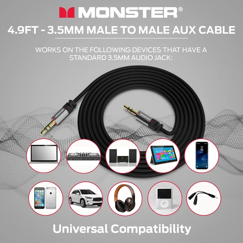 Monster Gen2 Essentials Audio Cable 3.5mm Male to Male Aux Cord for Car, iPhones, Headphones, 4.9FT Duraflex Jacket, Gold-Plated Connectors, Superior Sound Quality and Durable Cable