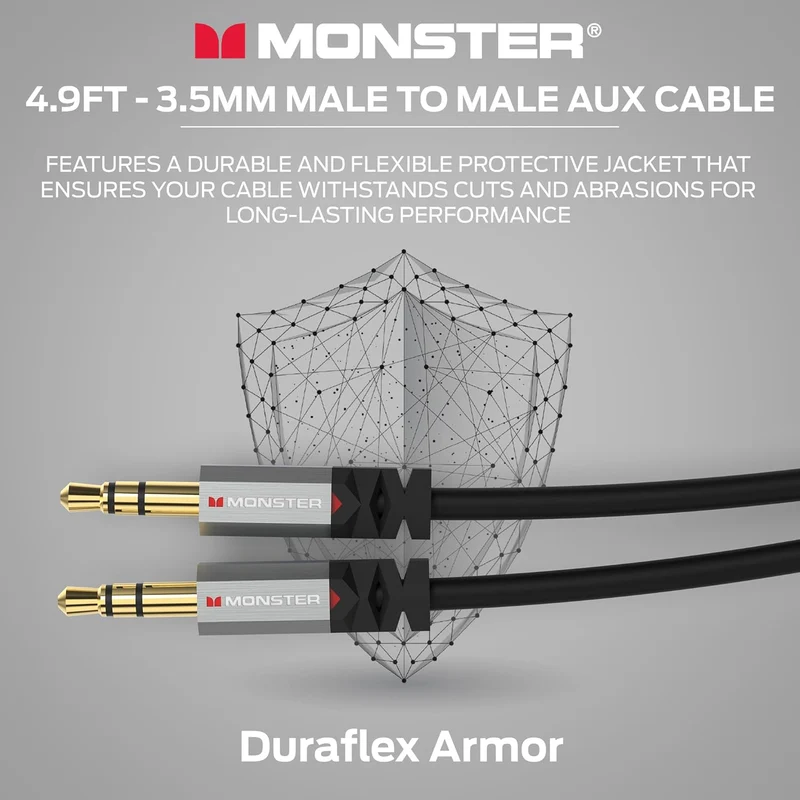 Monster Gen2 Essentials Audio Cable 3.5mm Male to Male Aux Cord for Car, iPhones, Headphones, 4.9FT Duraflex Jacket, Gold-Plated Connectors, Superior Sound Quality and Durable Cable