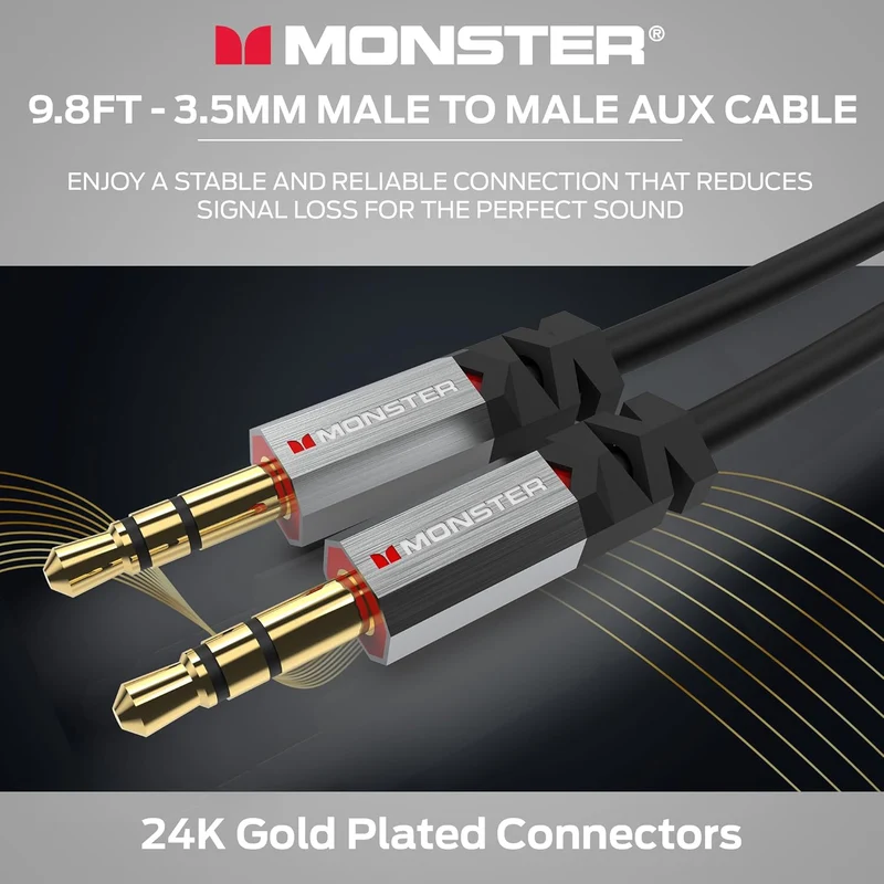 Monster Gen2 Essentials Audio Cable 3.5mm Male to Male Aux Cord for Car, iPhones, Headphones, 9.8FT Duraflex Jacket, Gold-Plated Connectors, Superior Sound Quality and Durable Cable