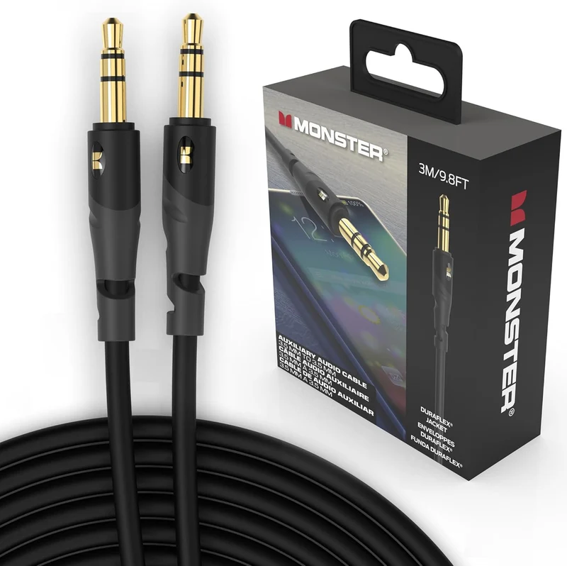 Monster Gen1 Essentials Mini-to-Mini Interconnect Audio Cable 3.5mm Male to Male, 9.8FT Aux Cord w/Duraflex Jacket, Premium Gold Plated Connectors, Cable for Car, Home, Stereo