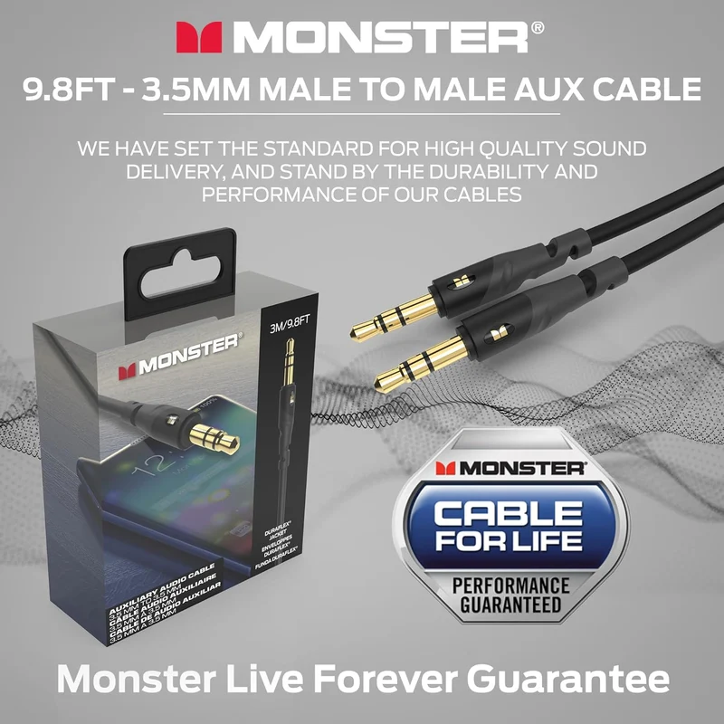 Monster Gen1 Essentials Mini-to-Mini Interconnect Audio Cable 3.5mm Male to Male, 9.8FT Aux Cord w/Duraflex Jacket, Premium Gold Plated Connectors, Cable for Car, Home, Stereo