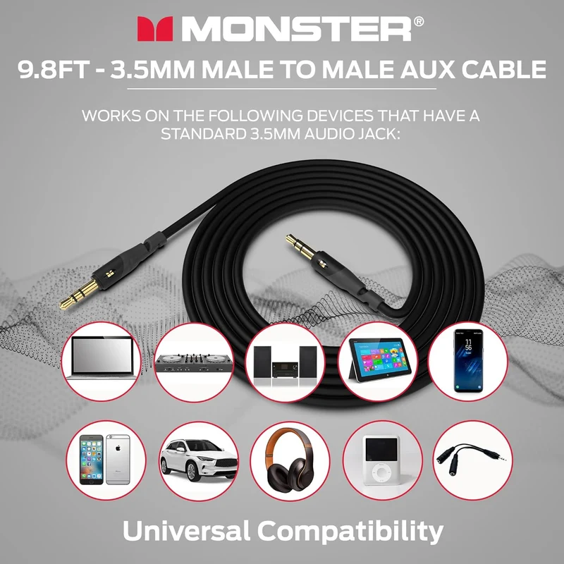 Monster Gen1 Essentials Mini-to-Mini Interconnect Audio Cable 3.5mm Male to Male, 9.8FT Aux Cord w/Duraflex Jacket, Premium Gold Plated Connectors, Cable for Car, Home, Stereo