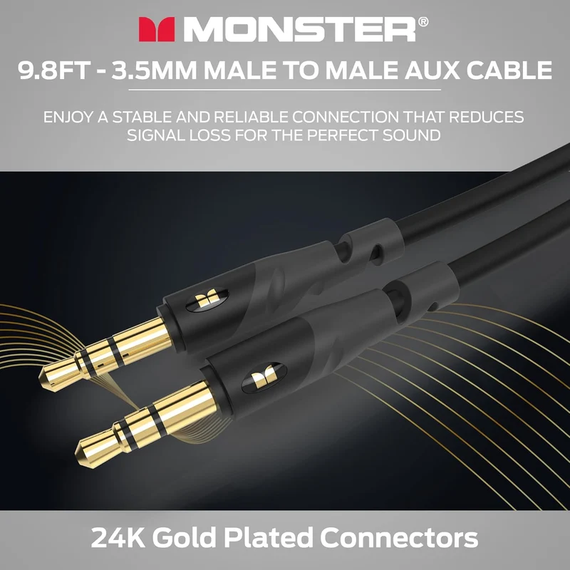 Monster Gen1 Essentials Mini-to-Mini Interconnect Audio Cable 3.5mm Male to Male, 9.8FT Aux Cord w/Duraflex Jacket, Premium Gold Plated Connectors, Cable for Car, Home, Stereo